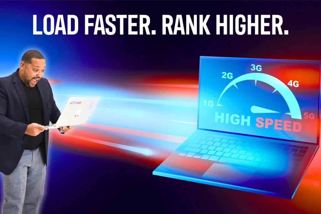 Laptop screen showing a speedometer arc marked 1G to 5G with motion-blur streaks