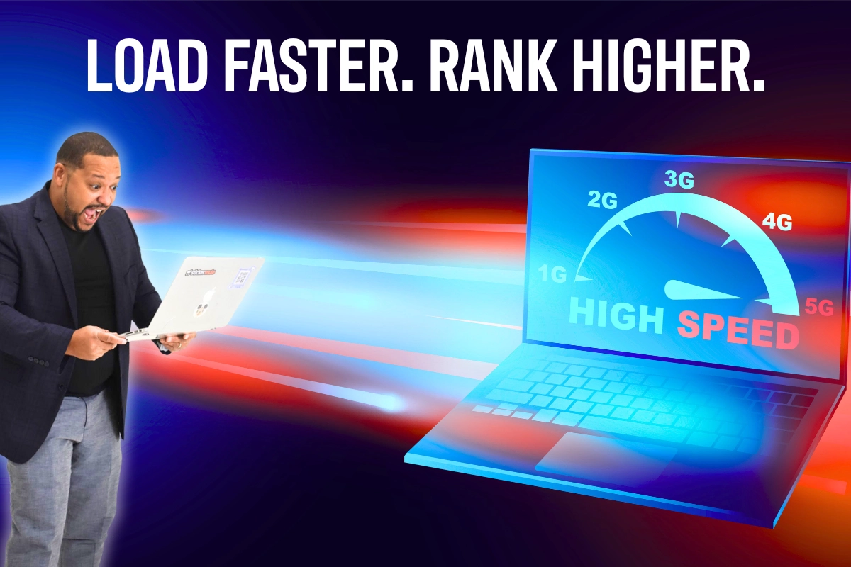 Laptop screen showing a speedometer arc marked 1G to 5G with motion-blur streaks